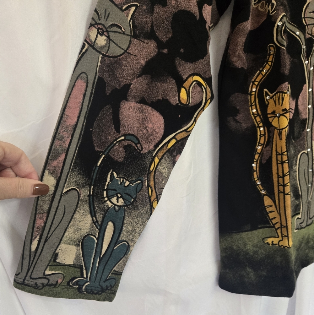 Jess & Jane- Cat Print Black Rhinstone Zip-Up Meow Jacket Size S - Picture 5 of 9